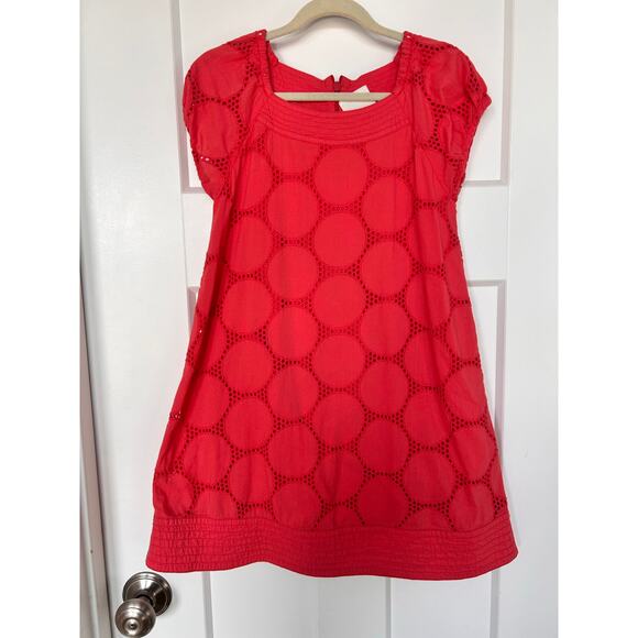 Mini Boden Girls Eyelet Circle Tunic Dress Cap Sleeve Coral Berry Red Size 7-8Y - Picture 2 of 11